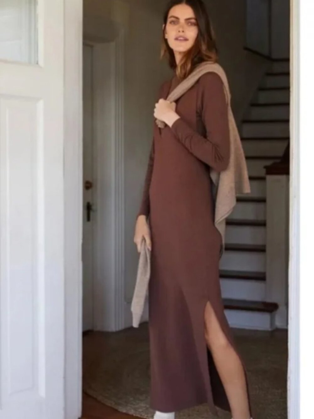 Daily Practice by Anthropologie Slim V-Neck Brown Knit Ribbed Dress Size XXS